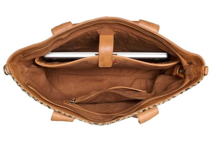 Chabo Romio jacquard shopper met laptovak 14 inch cognac leder combinatie kleuren